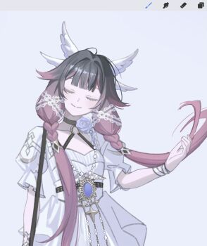 1girl alternate_costume alternate_hairstyle belt big_itachi black_belt black_choker black_hair choker closed_eyes columbina_(genshin_impact) dress genshin_impact grey_background hair_intakes halterneck head_wings highres multicolored_hair puffy_short_sleeves puffy_sleeves purple_hair short_sleeves simple_background solo two-tone_hair unfinished upper_body white_dress wings