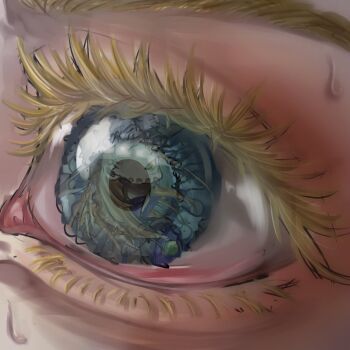 2boys a_jjbafan beard blonde_hair blue_eyes close-up colored_eyelashes commentary_request cowboy_hat eye_focus eye_reflection eyelashes facial_hair goggles goggles_on_headwear gold_teeth green_lips gyro_zeppeli hat highres johnny_joestar jojo_no_kimyou_na_bouken long_hair male_focus multiple_boys purple_shirt reflection shirt smile steel_ball_run sweat yellow_eyelashes