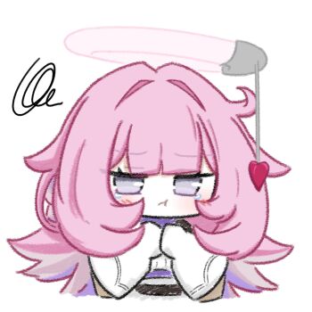 Rule 34 | 1girl, applecereal, blush, commentary, cropped torso, dress, elf elysia, grey eyes, halo, heart, highres, honkai (series), honkai impact 3rd, long hair, long sleeves, pink hair, pout, simple background, solo, tearing up, untranslatable commentary, white background, white dress
