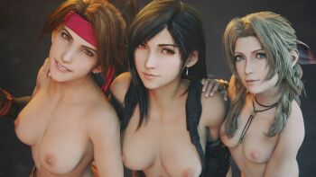 3d 3girls absurdres aerith_gainsborough artist_name black_hair bow breasts brown_eyes brown_hair closed_mouth earrings eyelashes female_focus final_fantasy final_fantasy_vii final_fantasy_vii_remake gloves green_eyes hand_on_another's_shoulder headband highres jessie_rasberry jewelry large_breasts looking_at_viewer multiple_girls necklace nipples parted_bangs parted_lips pink_bow pink_ribbon red_eyes red_headband red_headwear ribbon smile square_enix suspenders tayra teeth tifa_lockhart topless_female upper_teeth_only