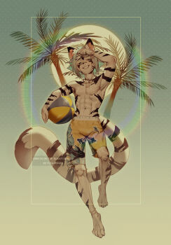 1boy abs animal_ears ball beachball collarbone commission furry furry_male grin hand_up highres holding holding_ball jewelry male_swimwear navel necklace original palm_tree pita-potato short_hair smile solo tail teeth tiger_boy tiger_ears tiger_tail topless_male tree watermark white_hair yellow_male_swimwear