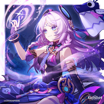 Rule 34 | 1girl, absurdres, asymmetrical gloves, bare shoulders, black gloves, blue eyes, braid, citlali (genshin impact), closed mouth, commentary, elbow gloves, english commentary, facial mark, floating hair, genshin impact, gloves, hand up, highres, looking to the side, official art, pink hair, pink pupils, sarong, sitting, smile, solo, triangle, triangle facial mark, twin braids, uneven gloves, vision (genshin impact)