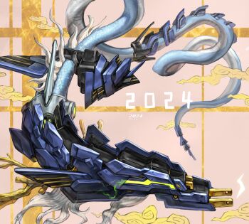 2024 absurdres antlers artist_name chinese_zodiac cyborg dragon eastern_dragon glowing glowing_eye green_eyes highres horns level-00 no_humans original pink_background plug scales solo year_of_the_dragon