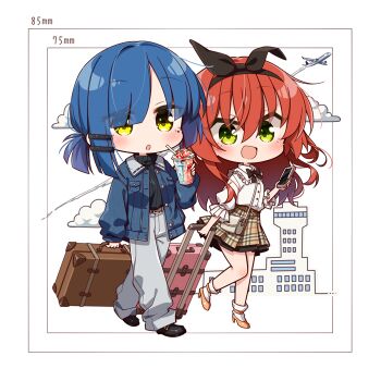 2girls aircraft airplane airport alternate_costume alternate_hairstyle bag belt black_shoes black_sweater blue_hair blue_jacket blush bocchi_the_rock! brown_belt brown_shoes brown_skirt cellphone chibi chibi_only chika_(06chimika13) collared_jacket commentary_request cup disposable_cup green_eyes grey_bag grey_pants handbag high_heels holding holding_cup holding_phone holding_suitcase jacket kita_ikuyo long_sleeves looking_at_viewer low_ponytail mole mole_under_eye multiple_girls open_clothes open_jacket open_mouth pants parted_lips phone ponytail red_hair ribbed_sweater rolling_suitcase shoes short_hair short_ponytail simple_background skirt smartphone smile socks suitcase sweater turtleneck turtleneck_sweater white_background white_socks yamada_ryo yellow_eyes