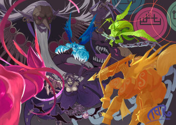 Rule 34 | 1girl, barbamon, bare shoulders, battle, beard, black hair, bow (weapon), breasts, centauroid, chain, cleavage, crossbow, ctk tamer, demon girl, digimon, digimon (creature), duftmon, dynasmon, extra legs, facial hair, facial mark, feathered wings, forehead mark, highres, holding, holding sword, holding weapon, knight, lilithmon, long hair, lordknightmon, mask, sleipmon, sword, taur, torn wings, weapon, white hair, wings