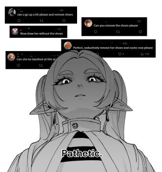 1girl capelet earrings elf english_text frieren jewelry juwei long_hair looking_at_viewer meme parted_bangs pathetic_(meme) pointy_ears solo sousou_no_frieren striped_clothes teeth twintails upward_angle_frieren_drawing_(meme)