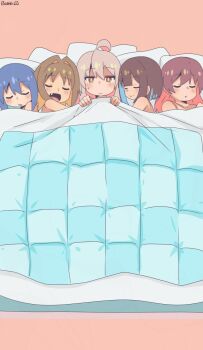 5girls :d :| ahoge artist_name bambi2000line blue_hair blush brown_eyes brown_hair closed_eyes closed_mouth colored_inner_hair commentary expressionless fang from_above futon grey_hair hair_between_eyes hair_down hair_intakes highres hozuki_momiji implied_after_sex long_hair looking_at_viewer lying multicolored_hair multiple_girls murosaki_miyo nude oka_asahi onii-chan_wa_oshimai! open_mouth orange_hair oyama_mahiro pillow pink_background pink_hair red_hair short_hair simple_background sleeping smile tenkawa_nayuta two-tone_hair under_covers yuri