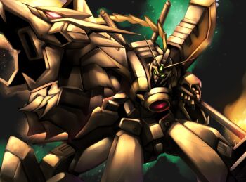 armor aura chest_jewel commentary dragon_gundam fighting_stance fire flag g_gundam gem glowing glowing_eyes green_eyes gundam haganef highres holding holding_flag holding_weapon hyper_mode_(gundam) joints looking_at_viewer mecha mobile_suit no_humans official_alternate_color ponytail red_eyes red_gemstone robot robot_joints science_fiction sheath sheathed shoulder_armor solo squatting v-fin weapon