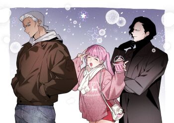 1girl 2boys alternate_costume black_gloves black_jacket black_sweater border cdgm000 closed_eyes commentary contemporary dark-skinned_male dark_skin dedue_molinaro denim fire_emblem fire_emblem:_three_houses gloves grey_eyes grey_hair hands_in_pockets height_difference hilda_valentine_goneril hood hood_down hubert_von_vestra jacket jeans long_hair long_sleeves multiple_boys nintendo outside_border pants pink_hair pink_sweater profile scarf short_hair sweater symbol-only_commentary trait_connection v white_border winter_clothes