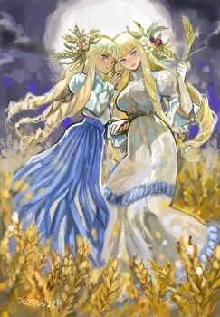 Rule 34 | 2girls, blonde hair, blue eyes, blue skirt, blush, commentary request, dated, dianna soreil, dress, drill hair, elbow gloves, flower, full moon, gloves, gundam, hair flower, hair ornament, highres, holding wheat, kihel heim, long dress, long skirt, look-alike, looking at viewer, moon, multiple drawing challenge, multiple girls, okrdisk2000, shirt, skirt, smile, turn a gundam, wheat field, white dress, white gloves, white shirt