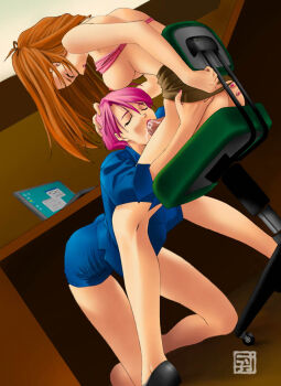 1futa 1girl :&gt;= artist_request ass ass_grab breasts chair closed_eyes cum cum_in_mouth fellatio futa_with_female futanari hand_on_another&#039;s_head hiding hug_and_suck legs medium_breasts miniskirt nail_polish office office_lady on_chair oral penis sitting skirt