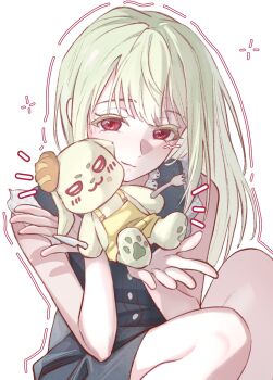 1girl absurdres bang_dream! bang_dream!_it's_mygo!!!!! blue_dress closed_mouth dress green_hair hero45439083942 highres long_hair original red_eyes sidelocks simple_background sleeveless sleeveless_dress solo stuffed_animal stuffed_toy wakaba_wakaho white_background