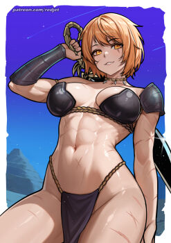 1girl abs armor bikini_armor blonde_hair breasts cross_scar halloween highres holding holding_sword holding_weapon large_breasts looking_at_viewer muscular muscular_female navel night night_sky orange_eyes original patreon_username pelvic_curtain redjet scar scar_on_arm short_hair shoulder_armor sky smile solo stomach sword thighs weapon