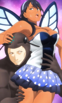 1boy 1girl absurdres anime_screenshot aqua_nails arthropod_boy black_hair breasts butterfly_wings dark-skinned_female dark_skin decora_(shokugeki_no_souma) dress grabbing_another's_thigh green_eyes hairband held_up highres insect_wings large_breasts medium_hair nail_polish open_mouth shokugeki_no_souma sparkle_background stitched strapless strapless_dress sweat teeth thighs third-party_edit upper_teeth_only wings