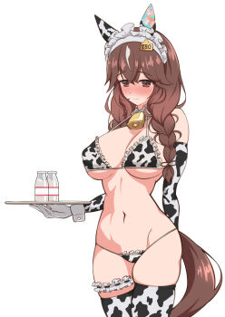 1girl 7822simo absurdres alternate_costume animal_ears animal_print apron bell bikini blush braid breasts brown_eyes cleavage closed_mouth collarbone commentary_request cow_print cow_print_bikini cowbell curren_bouquetd&#039;or_(umamusume) detached_sleeves gloves hair_between_eyes hair_ornament highres horse_ears horse_girl horse_tail long_hair low_twin_braids maid maid_bikini maid_headdress milk navel poll print_bikini smile solo swimsuit tail textless_version twin_braids umamusume unconventional_maid