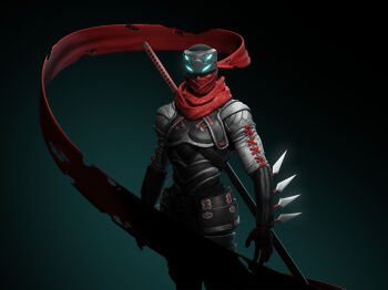 1boy 3d armor commentary cropped english_commentary gameplay_mechanics glowing gradient_background highres hotsuma japanese_clothes kunai looking_at_viewer ninja ninjatou official_style photoshop_(medium) realistic scarf sega shadow shinobi_(game) shinobi_(ps2) short_sword sword torn_clothes torn_scarf upper_body weapon zbrush_(medium)