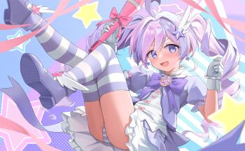 1girl :d absurdres ass blue_archive blush drill_hair gloves hair_ornament halo highres kuroliu_9021 long_hair magical_girl multicolored_hair open_mouth pink_hair puffy_short_sleeves puffy_sleeves purple_eyes purple_hair reisa_(blue_archive) reisa_(magical)_(blue_archive) short_sleeves smile star_(symbol) star_hair_ornament striped_clothes twin_drills twintails two-tone_hair white_gloves