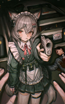 1boy 1girl absurdres aiming aiming_at_viewer animal_ear_piercing animal_ears apron blood blood_on_clothes blood_on_ground car car_keys cigarette commentary_request crossed_bangs dark death drawer_bushi_huajia ferrari ferrari_512tr green_skirt grey_hair gun hair_between_eyes hair_ribbon handgun highres holding holding_gun holding_weapon jacket long_hair looking_at_viewer maid maid_apron maid_headdress motor_vehicle on_ground original parking_lot pleated_skirt pov pov_hands red_eyes red_ribbon ribbon skirt smoke smoke_trail smoking standing tail thighhighs track_jacket weapon white_thighhighs wolf_ears wolf_girl wolf_tail