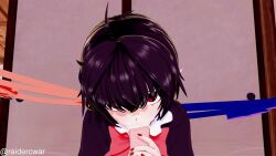 1boy 1girl 3d :&gt;= ahoge animated artist_name audible_speech black_hair blue_wings bow collar fellatio fingernails frilled_collar frills hair_between_eyes handjob hetero holding houjuu_nue indoors koikatsu_(medium) looking_at_viewer nose oral penis pointy_ears pov pov_crotch raidercwar red_bow red_eyes red_nails red_wings short_hair sound touhou twitter_username two-handed two-handed_handjob uncensored video wings