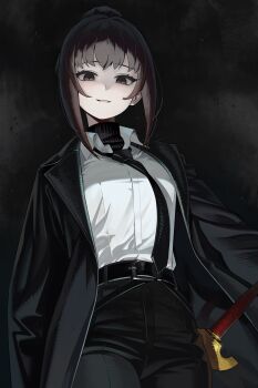 1girl absurdres belt bilingual_commentary black_background black_belt black_coat black_eyes black_hair black_necktie black_pants coat collared_shirt commentary commentary_request cowboy_shot dress_pants dress_shirt english_commentary gemi_ningen grin highres korean_commentary looking_at_viewer loose_necktie mixed-language_commentary necktie open_clothes open_coat original pants shirt smile solo standing sword turtleneck weapon white_shirt