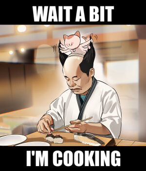 1boy absurdres animal animal_on_head balding bell black_hair blue_shirt cat cat_on_head chopsticks closed_eyes duc_94 english_text food grabbing_another&#039;s_hair highres holding holding_another&#039;s_hair holding_chopsticks japanese_clothes kimono letterboxed licking_lips male_focus neck_bell on_head original plate shirt sushi tongue tongue_out