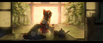 1girl absurdres black_hat bow brown_hair chinese_commentary commentary_request cup detached_sleeves drawer frilled_bow frilled_hair_tubes frills hair_bow hair_tubes hakurei_reimu hat hat_bow highres holding holding_cup letterboxed long_hair red_bow red_vest sidelocks solo teapot torii touhou tree vest white_bow white_sleeves witch_hat woshijuezhu yunomi