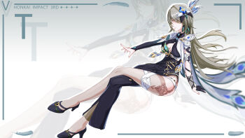 1girl absurdres black_bodysuit black_gloves bodysuit breasts chinese_commentary cleavage_cutout clothing_cutout commentary_request copyright_name crossed_bangs gloves greyscale high_heels highres honkai_(series) honkai_impact_3rd large_breasts long_hair monochrome partially_fingerless_gloves purple_eyes single_leg_bodysuit solo very_long_hair vita_(honkai_impact) vita_(lone_planetfarer)_(honkai_impact) wuling_yl