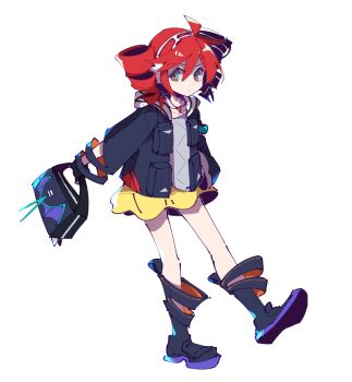 1girl ahoge aqua_eyes bag black_boots black_gloves black_jacket boots closed_mouth dot_nose drill_hair earmuffs gloves hair_between_eyes highres holding holding_bag jacket jewelry jiu_(jiu076) kasane_teto long_sleeves looking_to_the_side miniskirt necklace nintendo open_clothes open_jacket pokemon project_voltage rival_teto_(project_voltage) short_hair simple_background skirt solo twin_drills utau vocaloid walking white_background yellow_skirt