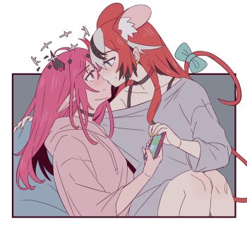 Rule 34 | 2girls, animal ears, black hair, cellphone, eye contact, french kiss, hakos baelz, highres, holding, holding phone, hololive, hololive english, irys (hololive), kiss, looking at another, mouse ears, mouse girl, mouse tail, multicolored hair, multiple girls, phone, ramphastostella, red hair, tail, virtual youtuber, white hair, yuri