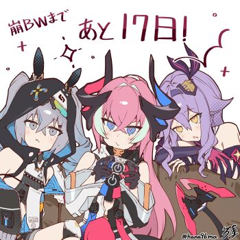 3girls absurdres animal_ears animal_hood bare_shoulders black_gloves blue_eyes blue_hair blush bronya_zaychik bronya_zaychik_(haxxor_bunny) closed_mouth commentary_request controller couch delta_(honkai_impact) drill_hair fake_animal_ears fang game_controller gloves gradient_hair grey_eyes grey_hair hair_between_eyes hair_intakes half_gloves hanaguruma_(hana96ma) hands_up highres holding honkai_(series) honkai_impact_3rd hood hood_up horns long_sleeves multicolored_hair multiple_girls on_couch parted_lips pink_hair purple_hair rabbit_ears rabbit_hood rozaliya_olenyeva short_eyebrows signature simple_background sirin streaked_hair tail thick_eyebrows translation_request twin_drills twintails twitter_username upper_body white_background wide_sleeves yellow_eyes