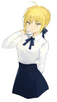 1girl ahoge arm_behind_back artoria_pendragon_(fate) blonde_hair blue_ribbon blue_skirt braid collared_shirt commentary fate/stay_night fate_(series) green_eyes hair_ribbon highres long_sleeves looking_at_viewer lpip neck_ribbon open_mouth ribbon saber_(fate) shirt short_hair sidelocks simple_background skirt solo white_background white_shirt