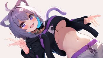 1girl :d absurdres ahoge animal_collar animal_ears arched_back bakko belt_collar black_collar black_hoodie blue_hair blush breasts cat_ears cat_girl cat_pendant cat_tail collar colored_inner_hair commentary_request crop_top crop_top_overhang cropped_hoodie crossed_bangs double-parted_bangs drawstring fang food_print grey_background groin gyaru_w hair_between_eyes highres hololive hood hoodie large_breasts linea_alba long_sleeves looking_at_viewer lowleg lowleg_pants medium_hair messy_hair midriff multicolored_hair nail_polish navel nekomata_okayu nekomata_okayu_(1st_costume) no_bra onigiri_print open_mouth pants purple_eyes purple_hair purple_nails simple_background smile solo sparkling_eyes stomach sweatpants tail underboob v virtual_youtuber w white_pants