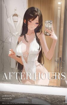 1girl artist_self-insert bare_arms bare_hips bare_shoulders bathrobe bathroom blush breasts brown_hair casual_one-piece_swimsuit cellphone center_opening cleavage collarbone commentary cover cover_page cowboy_shot english_commentary english_text fingernails groin highleg highleg_one-piece_swimsuit highres holding holding_phone indoors large_breasts long_hair looking_at_phone mirror mirror_selfie nail_polish one-piece_swimsuit original paid_reward_available parted_lips phone photo-referenced purple_eyes reflection reflection_focus ruca_(rucarachi) rucarachi self-portrait selfie smartphone smile solo swept_bangs swimsuit thighs title unworn_clothes unworn_robe very_long_hair white_one-piece_swimsuit
