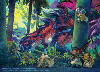 all_fours armor arzuros_(armor) between_legs blue_eyes capcom cat clenched_teeth climbing climbing_tree closed_eyes copyright_notice dragon felyne forest from_side fuse_ryuuta glavenus hands_on_own_face hiding holding holding_sword holding_weapon jaw monster monster_hunter_(series) monster_hunter_x nature no_humans rathalos_(armor) spikes sweat sword tail tail_between_legs teeth tigrex_(armor) tree tyrannosaurus_rex weapon wyvern zinogre_(armor)