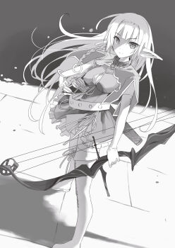 1girl arrow_(projectile) belt boots bow_(weapon) braid breasts capelet cleavage cleavage_cutout closed_mouth clothing_cutout collar covered_erect_nipples drawing_bow dress elbow_gauntlets elbow_gloves elf from_above gloves greyscale highres holding holding_bow_(weapon) holding_weapon isekai_maou_to_shoukan_shoujo_no_dorei_majutsu large_breasts long_hair looking_at_viewer metal_collar monochrome novel_illustration o-ring o-ring_collar official_art pointy_ears quiver ribbon shera_l._greenwood short_dress smile solo standing thigh_boots thighs third-party_source tsurusaki_takahiro v-shaped_eyebrows very_long_hair weapon