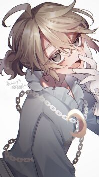 9csgi :d ahoge blonde_hair blue_shirt bruise bruised_eye chain eyelashes fang floating_hair frilled_shirt_collar frilled_sleeves frills gloves grey_eyes half-closed_eyes hand_on_own_face head_back highres identity_v injury looking_at_viewer luca_balsa luca_balsa_(moon_bound) male_focus moon_(ornament) official_alternate_costume open_mouth ponytail protected_link shirt short_ponytail skin_fang smile solo translation_request twitter_username upper_body white_gloves
