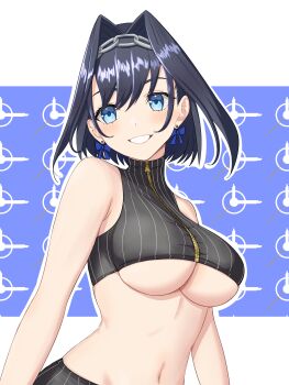 1girl absurdres altean black_hair black_shirt black_skirt blue_bow blue_eyes bow bow_earrings breasts closed_mouth commentary earrings hashtag-only_commentary head_chain highres hololive hololive_english jewelry large_breasts looking_at_viewer navel ouro_kronii ouro_kronii_(1st_costume) shirt skirt smile solo underboob virtual_youtuber