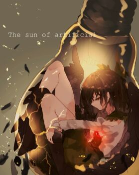 1girl black_boots black_hair black_wings boots bow closed_eyes closed_mouth commentary_request english_text engrish_text feathered_wings fetal_position full_body green_bow green_skirt grey_background grey_skirt hair_bow inside_light_bulb juliet_sleeves light_bulb long_hair long_sleeves one-hour_drawing_challenge puffy_sleeves ranguage reiuji_utsuho shinjitsu_no_kuchi skirt solo third_eye touhou wings