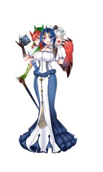 5girls absurdres blue_hair breasts conjoined dragon_girl dragon_horns dress highres horns large_breasts multiple_girls original red_hair staff white_hair