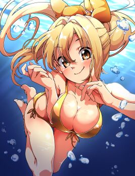 1girl absurdres air_bubble asymmetrical_sidelocks bare_arms bare_legs bare_shoulders barefoot bikini blonde_hair blush bow breasts brown_eyes bubble caustics cheek_poking cleavage closed_mouth collarbone commentary_request day eyelashes floating_hair front-tie_bikini_top front-tie_top full_body gokuu_(acoloredpencil) gold_bikini golden_week hair_between_eyes hair_bow hair_intakes hand_on_own_cheek hand_on_own_face high_ponytail highres large_breasts long_hair looking_at_viewer marin_(umi_monogatari) outdoors poking ponytail raised_eyebrows ribbon shiny_clothes shiny_skin side-tie_bikini_bottom sidelocks smile solo swimming swimsuit thighs umi_monogatari underwater variant_set water yellow_bow