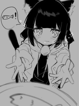 +_+ 1girl animal_ear_fluff animal_ears bell black_hair blunt_bangs blush cat_ears cat_girl cat_tail closed_mouth commentary fish_(food) grey_background grey_hoodie greyscale highres hood hood_down hoodie inabakumori long_sleeves looking_at_viewer monochrome neck_bell osage_(nukunuku_nigirimeshi) outstretched_arms plate pleading_eyes popo_(amslkkririr) saliva sidelocks simple_background speech_bubble star_(symbol) symbol-only_commentary tail thought_bubble white_background white_hoodie