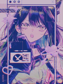 Rule 34 | 1girl, absurdres, arknights, black choker, black hair, blue hair, bright pupils, character name, choker, chromatic aberration, colored inner hair, english text, glitch, green eyes, green hair, heart, highres, inmybagg, long hair, looking at viewer, mon3tr (arknights), multicolored hair, open mouth, pink theme, solo, sparkle, upper body, white pupils