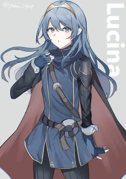 1girl absurdres blue_eyes blue_hair brand_of_the_exalt bridal_gauntlets cape character_name circlet fire_emblem fire_emblem_awakening gloves hair_between_eyes highres long_hair long_sleeves looking_at_viewer lucina_(fire_emblem) nintendo open_mouth simple_background solo tiara twitter_username two-tone_cape yoka_(103xp)