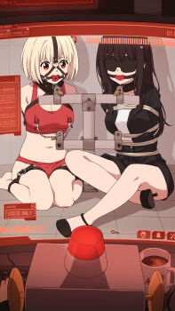 1boy 2girls arm_binder armbinder arms_behind_back ball_gag bare_legs bare_shoulders barefoot bdsm black_collar black_hair black_jacket blindfold blonde_hair bondage bound bound_legs bound_torso breasts buruma cleavage collar commentary_request covered_eyes cup da_training_wear_(lycoris_recoil) drooling female_focus frogtie gag gag_harness gagged hair_ribbon high_heels highres inoue_takina jacket key laofuzi_dai_bansho lock long_hair lycoris_recoil medium_breasts monitor multiple_girls navel nipple_clamps nipple_clamps_over_clothes nishikigi_chisato official_alternate_costume on_floor padlock red_buruma red_eyes red_ribbon restrained revision ribbon robota_(lycoris_recoil) rope saliva saliva_trail screen short_hair sitting slave sports_bikini stomach tile_floor tiles wariza wiffle_gag