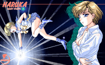 1990s_(style) bishoujo_senshi_sailor_moon blonde_hair blue_boots blue_eyes blue_sailor_collar boots breasts cleavage fighting open_clothes open_shirt outer_senshi pc-98_(computer) pc-98_(style) pixel_art retro_artstyle sailor_collar sailor_senshi_uniform sailor_uranus space ten&#039;ou_haruka vogue