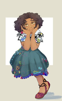 1girl brown_eyes brown_hair colombian_clothes commentary_request curly_hair dark-skinned_female dark_skin earrings encanto glasses green-framed_eyewear highres hourglass_print jewelry mirabel_madrigal pom_pom_(clothes) pom_pom_earrings round_eyewear shirt short_hair simple_background skirt smile solo tora1030 white_shirt