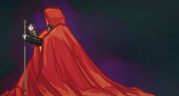 1boy censored censored_identity cloak from_side highres holding holding_sword holding_weapon hood hood_up hooded_cloak horaceswarcsal male_focus omniscient_reader&#039;s_viewpoint planted planted_sword planted_weapon red_cloak solo sword weapon yoo_joonghyuk