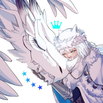1girl animal_ears blue_eyes burko_(fate) cape cat_ears crown_(symbol) cuddling dobrynya_nikitich_(fate) dobrynya_nikitich_(first_ascension)_(fate) dragon fate/grand_order fate_(series) fur-trimmed_cape fur_hat fur_trim hat highres long_hair star_(symbol) t_maguo white_background white_hair