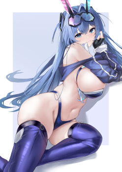 1girl absurdres azur_lane bare_shoulders black_gloves blue_background blue_eyes blue_hair blue_panties blue_shrug blue_thighhighs breasts commentary_request eyewear_on_head feet_out_of_frame fingerless_gloves gloves gradient-tinted_eyewear highres large_breasts long_hair looking_at_viewer new_jersey_(azur_lane) new_jersey_(black_blur_prelude)_(azur_lane) official_alternate_costume panties race_queen shrug_(clothing) solo thighhighs tinted_eyewear two-tone_background underwear white_background zi_liuluo