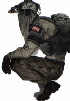1boy arm_belt austrian_flag backpack bag belt bent_back black_bag black_belt black_gloves black_shoes blue_eyes call_of_duty call_of_duty:_modern_warfare_2 commentary covered_face elbows_on_knees english_commentary from_side full_body gloves green_pants green_shirt helmet highres juliet_sleeves konig_(call_of_duty) long_sleeves looking_ahead male_focus military pants puffy_sleeves seencrow shirt shoes simple_background solo squatting white_background